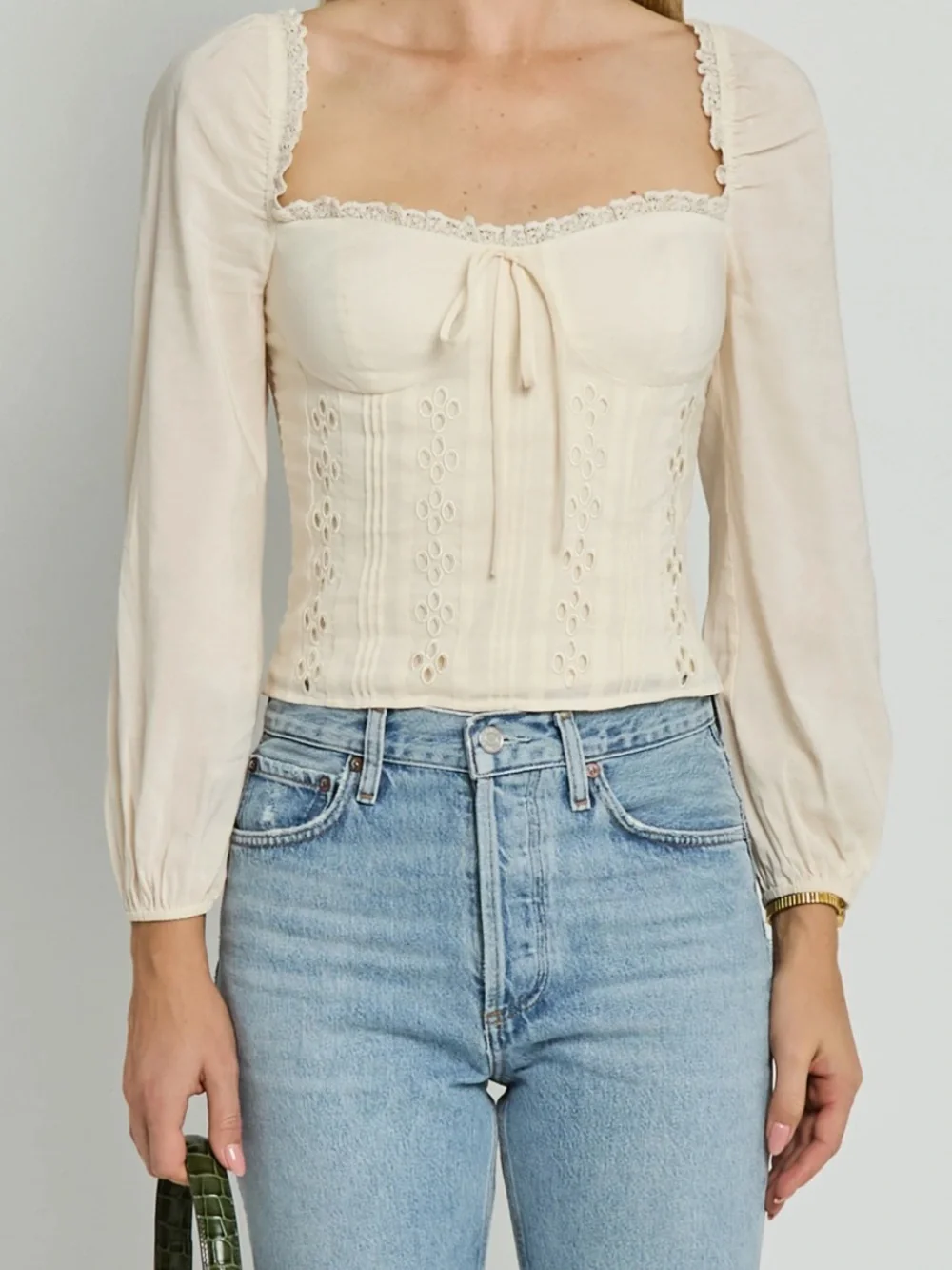 Reformation Isadora Top Ivory Eyelet Lace Smocked Cottagecore Blouse Size 6
